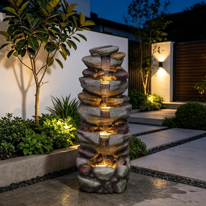38.9" H Large Outdoor Fountain, 5-Tier Cascading Rock Waterfall Fountain with LED Lights, Freestanding Water Feature for Garden Patio Backyard Porch Decor