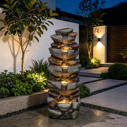38.9" H Large Outdoor Fountain, 5-Tier Cascading Rock Waterfall Fountain with LED Lights, Freestanding Water Feature for Garden Patio Backyard Porch Decor
