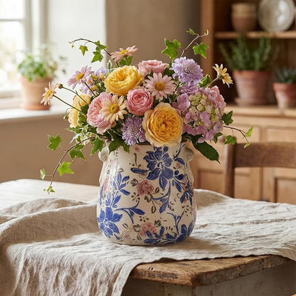 Ceramic Scroll Planter 6.5 Inch Chinoiserie Floral Vase with Drainage Holes Vintage Flower Vase Flower Pot Rustic Ceramic Pots for Indoor Plants Garden Home Bookshelf Decor(Blue, Red)