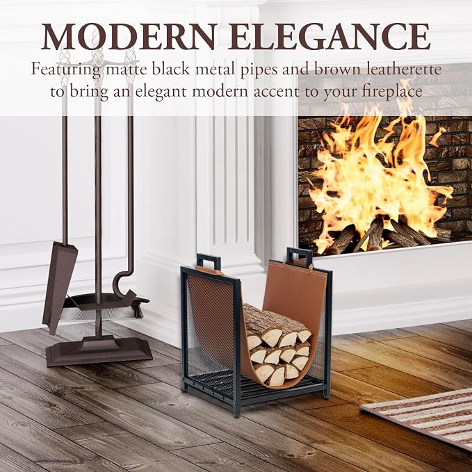MyGift Modern Black Metal Firewood Stand Log Holder with Brown Leatherette Wood Sling, Wire Mesh Design and Top Carrying Handles, Compact Kindling Storage Rack