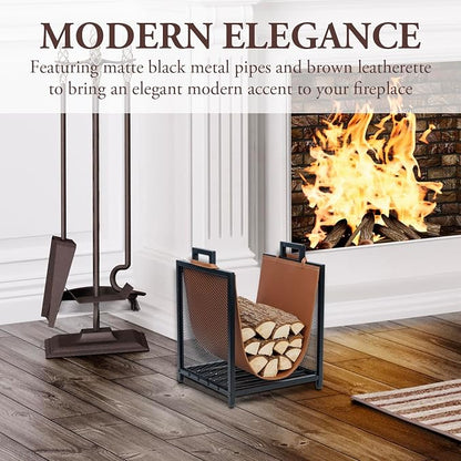 MyGift Modern Black Metal Firewood Stand Log Holder with Brown Leatherette Wood Sling, Wire Mesh Design and Top Carrying Handles, Compact Kindling Storage Rack