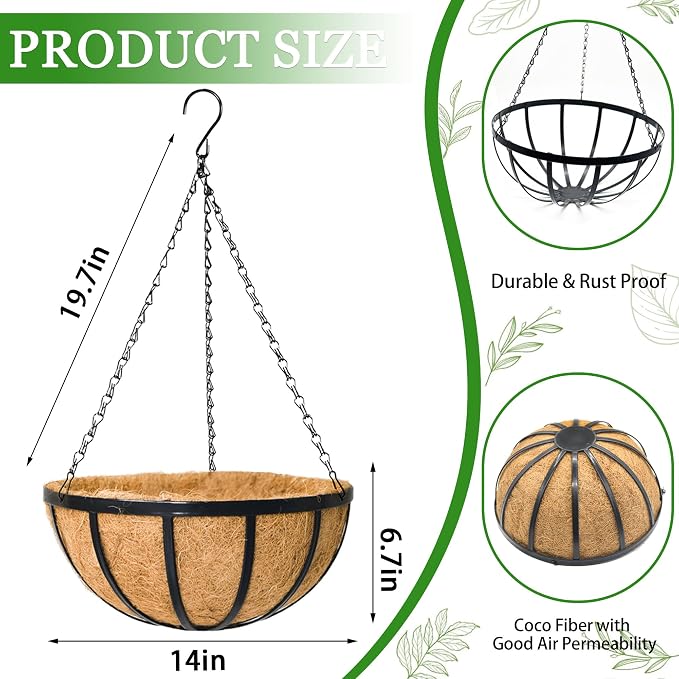 Hanging Planters for Outdoor Plants 4 Pack 14 inch Metal Hanging Flower Basket with Coco Coir Liner Wire Plant Holder Watering Flower Baskets Pot Hanger Garden Decoration for Indoor Outdoor(DQL)