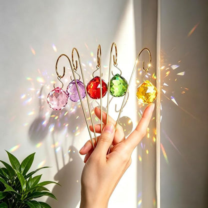 9PCS Colorful Crystal Ball Prisms with 7.5‘’ Small Gold Trellis for Plants | Mini Potted Plant Indoor Accessories,Sun Catchers,Metal Plant Stakes Suncatchers for Home Fairy Garden Decor,Whimsical Decor