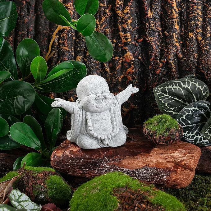 Laughing Buddha Sandstone Statues Mini Zen Monk Figurine Small Buddha Sculptures Fish Tank Decoration Landscaping Garden Outdoor Ornaments for Wealth Good Luck