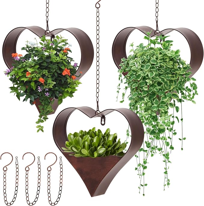 3 Pack Metal Plant Hangers Indoor and Outdoor Rustic Heart Shape Hanging Planters Holder Detachable Flower Pot with Hooks Chains Drain Hole Birthday Gifts for Women Mom Garden Lovers Home Decor
