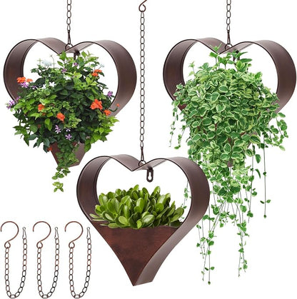 3 Pack Metal Plant Hangers Indoor and Outdoor Rustic Heart Shape Hanging Planters Holder Detachable Flower Pot with Hooks Chains Drain Hole Birthday Gifts for Women Mom Garden Lovers Home Decor