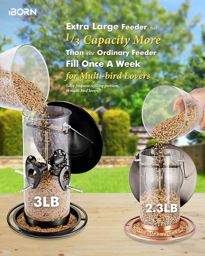 iBorn Metal Bird Feeder for Outside Hanging,Wild Bird Feeders for Cardinal,17.8cm Large Roof&Tray Black 10 Port(Seed is not Included)