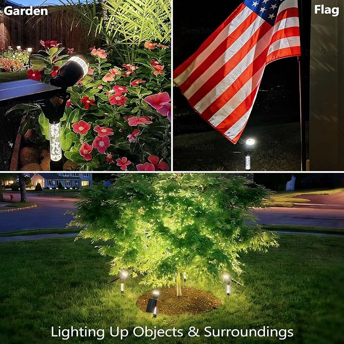 DenicMic Solar Spot Lights Outdoor Waterproof 5000K Cold White Lens LED | Adjustable Angle Long Throw Landscape Spotlights Solar Lights Outdoor for Yard Garden Wall Tree, Acrylic Lighted Pole，4 Pack