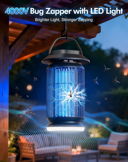 Bug Zapper Outdoor, 4000V Electric Mosquito Zapper, Fly Killer with Built-in Night Light, Insect Fly Trapper with Waterproof ABS Shell for Home, Patio & Garden, Indoor/Outdoor Use, Black