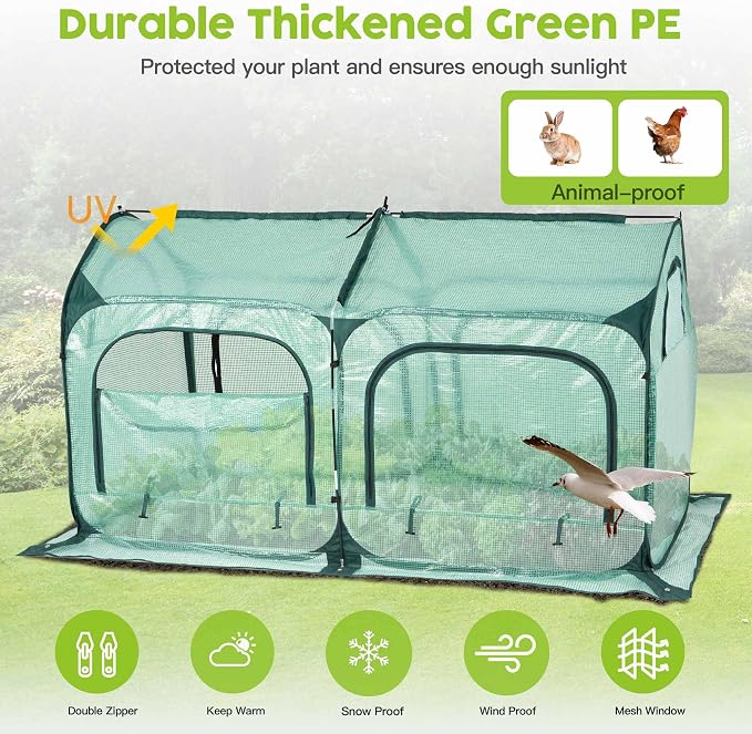 Pop up Greenhouse Tent Cover Tunnel Plant House,Large Gardening Flower Sunshine Room with Mesh Windows,Backyard PE Cover for Cold Frost Protector with Stakes and Rope Guys