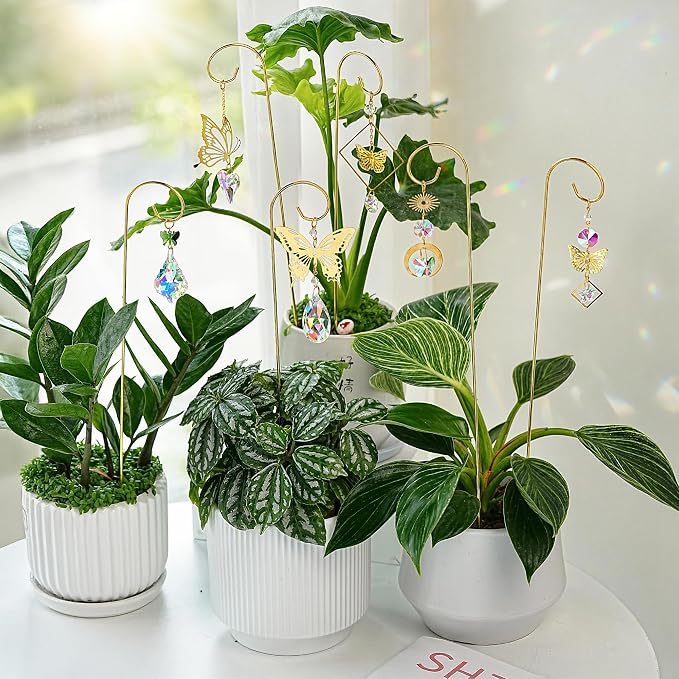 6pcs Crystal Butterfly Suncatchers with 13'' Gold Trellis for Potted Plants | Mini Indoor Plant Accessories,Fairy Garden Stakes Sun Catchers,Gift for Plant Lover,Gardening Enthusiasts,Whimsical decor