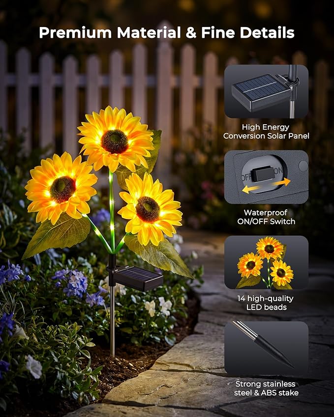Brightown 3 Pack 3 Head Solar Sunflower Garden Stake Lights Waterproof | 9 glowing stem sunflowers, waterproof solar powered, auto on off decorative stakes for yard, patio, lawn outdoor decoration