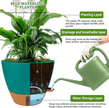 8/10/12 Inch Self Watering Pots for Indoor/Outdoor Plants - Large Plastic Planter with Drainage Holes, Water Level Indicator & Deep Reservoir, Modern Decorative Flower Pots (Turquoise)
