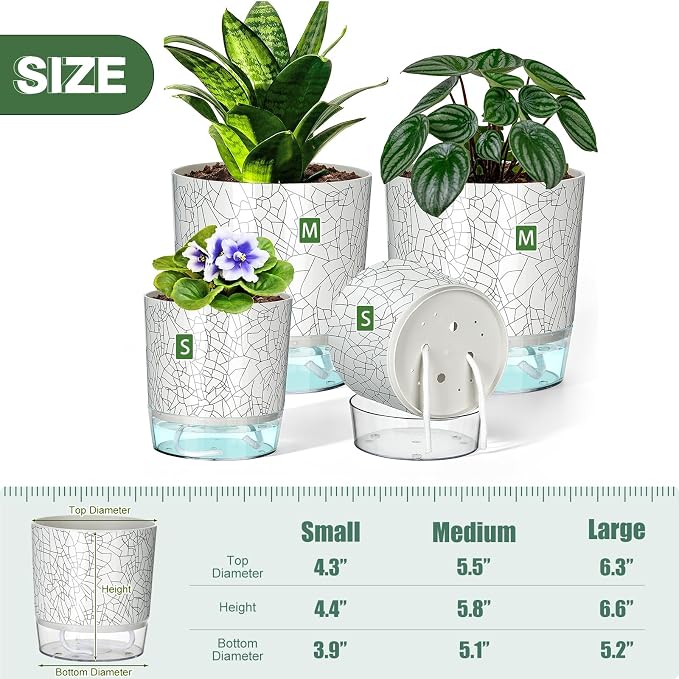 Self Watering Pots for Indoor Plants, 4/5.5 Inch Crackle Pattern Planters with Clear Water Reservoir & Wick System, 4 Pack Plastic Flower Pots for Succulents, Herbs, African Violets