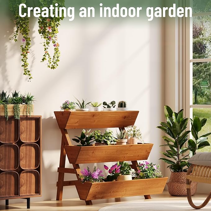 3-Tier Vertical Wooden Raised Garden Bed, Freestanding Garden Planter Box, Wood Flower Rack, Planter Box for Herbs, Vegetables, Outdoor Indoor Use, Large-Brown