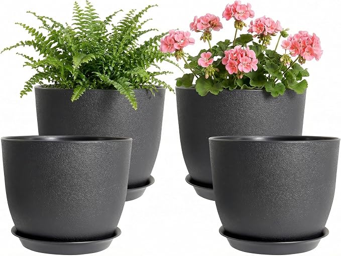 8 Inch Plant Pots Set of 4, Plastic Planters with Drainage Holes and Tray, Flower Pots for Indoor Outdoor Plants and Flowers (Black)