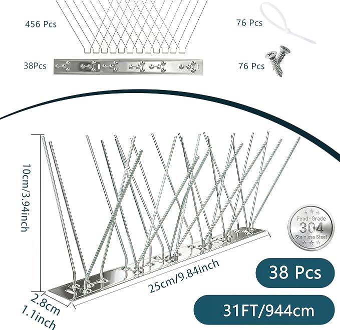 Stainless Steel Bird Spikes for Outside, Anti Bird Deterrent Spikes for Woodpeckers, Squirrels, Raccoons，Weatherproof Fence Spikes for Roof, Railing,Patio, 31 Feet