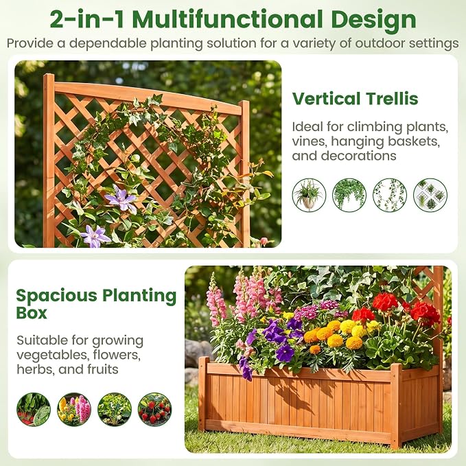 Giantex Raised Garden Bed with Trellis, 71" Wooden Elevated Planter Box, High Trellis for Plant Flower Climbing Pot Hanging, Indoor & Outdoor Planter Box for Yard, Garden, Balcony