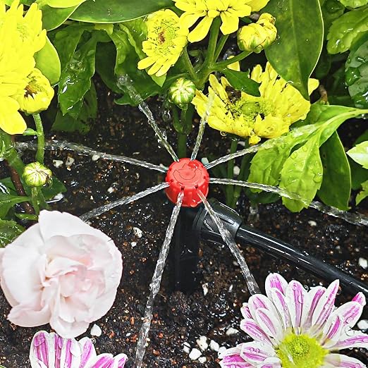 50pcs Drip Irrigation Emitters with Lock Barbed Drip Emitters for 1/4" Drip Irrigation Tubing 360 Degree Water Flow Adjustable Irrigation Drippers Drip Irrigation Heads for Garden Plants Flower