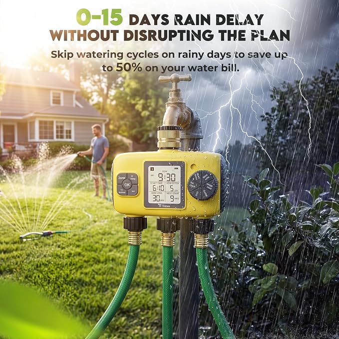 3 Zone Sprinkler Timer for Garden Hose,Garden Hose Timer with Brass Inlet,Programmable Automatic&Manual Irrigation System with LCD Display for Yard/Lawn/Pool,Rain Delay,IPX5 Waterproof