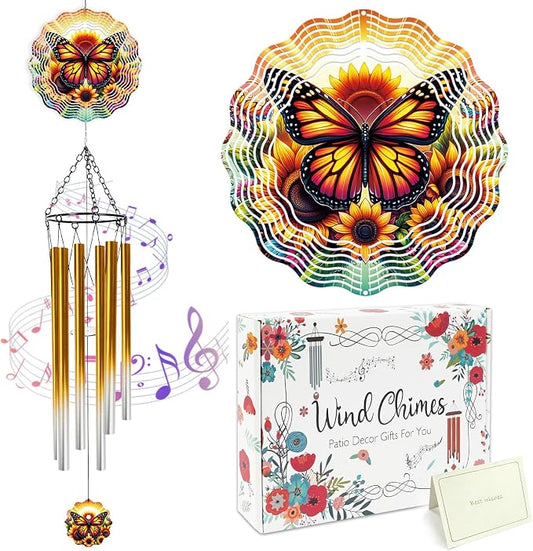 Butterfly Wind Chimes for Outside with Wind Spinner, Summer Garden Patio Yard Decor, Sunflower Monarch Butterfly Wind Chime with Colorful Gift Box, Birthday Housewarming Gifts for Women Mom