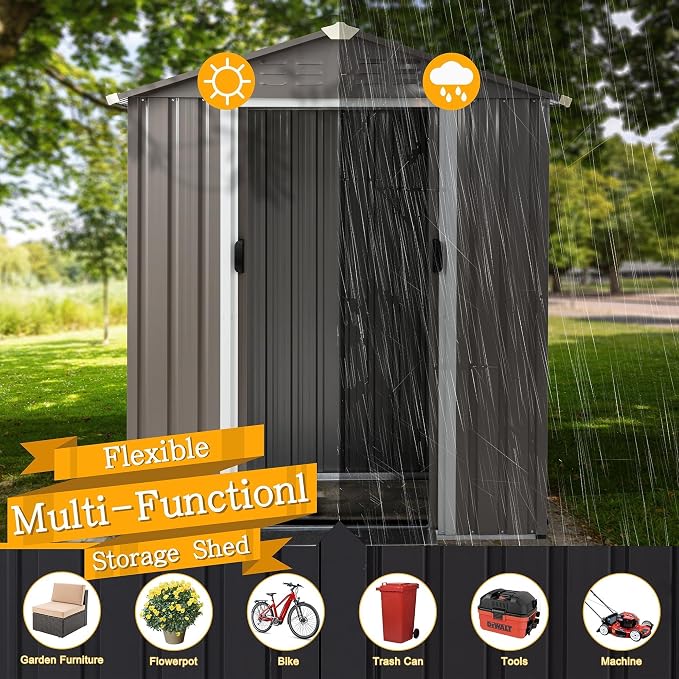 Shintenchi 5x3 FT Outdoor Storage Shed with Window, Lockable Outdoor Waterproof Tool Storage Sheds, Weather Resistant Tool Storage House Shed for Garden, Backyard, Patio Utility Tool Storage,Dark Gray