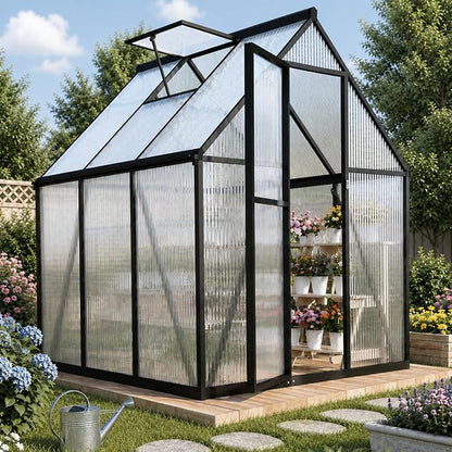 6x6FT Greenhouse for Outdoors, Polycarbonate Greenhouse with Quick Setup Structure and Roof Vent, Aluminum Walk-in Green Houses for Outside Garden Backyard, Charcoal Black