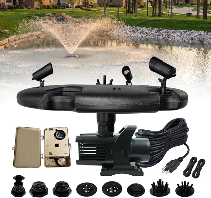 Half Off Ponds 1.75 HP Floating Fountain & Aerator | 14,800 GPH output, 11 spray patterns, Color-changing LED lights, Control box, 200 ft heavy-duty cord