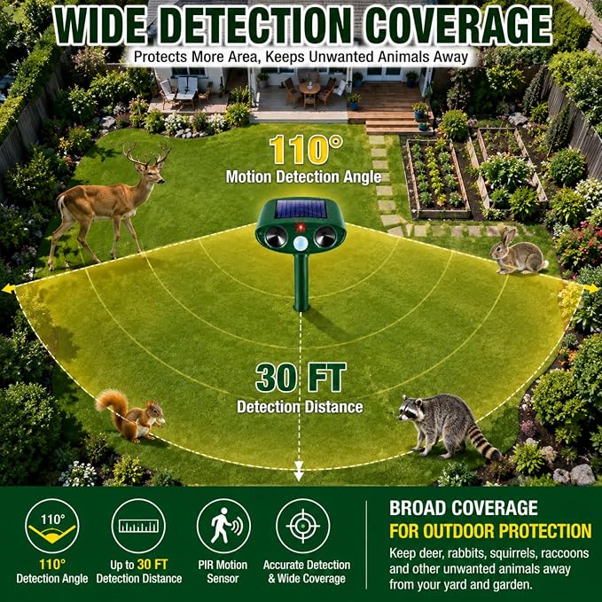 4 Pack Deer Repellent Devices,Cat Repellent Outdoor Solar Ultrasonic Animal Repeller for Squirrel Racoon Rabbit Fox Skunk,IP65 Waterproof Motion Sensor Sonic Fortress Pro Animal Deterrent for Garden