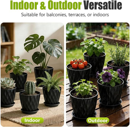 8 Inch Plastic Plant Pots,Set of 5 Flower Pots,Planters with Drainage Holes & Saucers, Indoor Outdoor Garden Pots for Home Decor (Black)