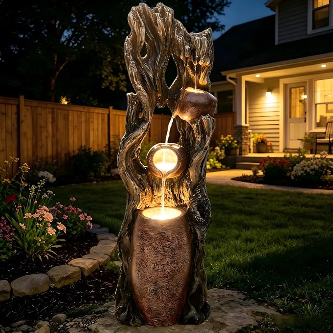 42.7" 3-Tier Outdoor Water Fountain LED Tree Trunk Jar Waterfall | vintage terra-cotta pots, patio backyard garden,Serene Relaxing Porch Decor