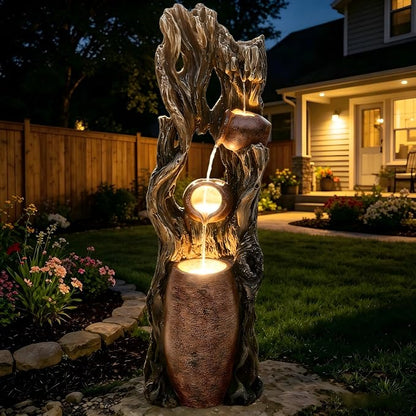 42.7" 3-Tier Outdoor Water Fountain LED Tree Trunk Jar Waterfall | vintage terra-cotta pots, patio backyard garden,Serene Relaxing Porch Decor