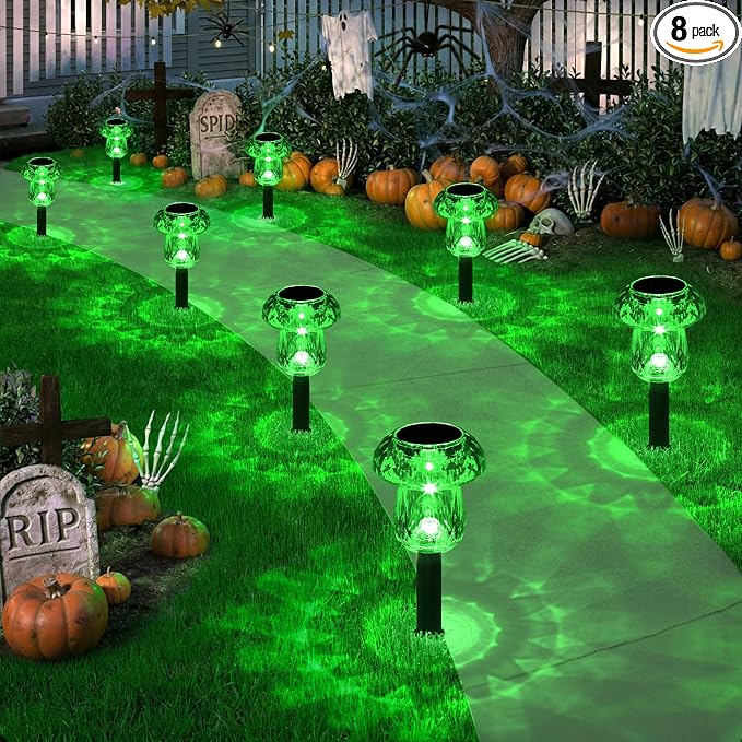 Solar Halloween Lights Outdoor 8 Pack Green Garden Mushroom Decor | LED Waterproof Halloween Decorations for Pathway Yard Outside Driveway Walkway Path Landscape Lawn Lighting, Auto On/Off