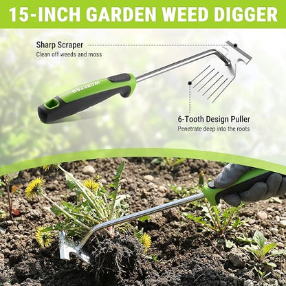 WORKPRO 3-Piece Weed Puller Tool Set | 15" 6-Tine Weed Remover, 12" Hand Weeder, 12.5" Crack Weeder, Stainless Steel with Ergonomic Handle for Lawn, Garden, Yard