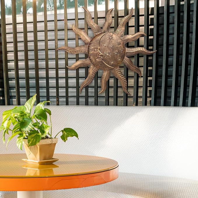 VCUTEKA 27" Sun Metal Wall Art Outdoor Decor Moon Wall Decoration Metal Wall Sculpture Hanging Garden Wall Art Wall Sculpture for Indoor Outdoor Patio Fence Decor Gold