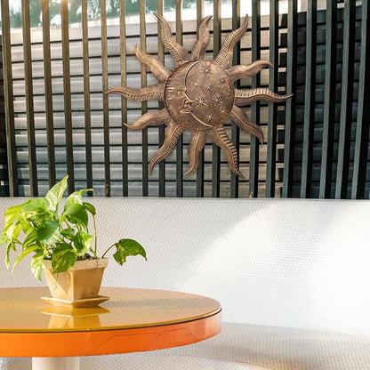 VCUTEKA 27" Sun Metal Wall Art Outdoor Decor Moon Wall Decoration Metal Wall Sculpture Hanging Garden Wall Art Wall Sculpture for Indoor Outdoor Patio Fence Decor Gold
