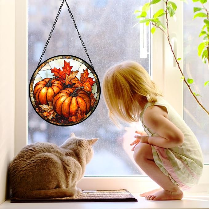 DASTOLL Stained Glass Window Hanging, Pumpkin Maple Leaf Suncatcher for Doors Home Sun Catchers Decoration and Christmas, Mother's Day Birthday Gifts for Women, Men, and Mom 7.8 in