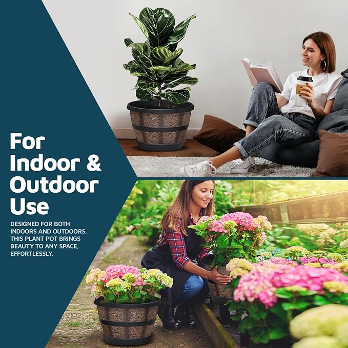 10-Inch Whiskey Barrel Planters Outdoor Pack of 2 - Durable Plastic Plant Pots for Indoor & Outdoor Use with Drainage & Saucer, Lightweight Rustic Barrel Planters for Flowers, Herbs & Small Plants