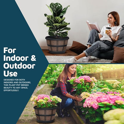 10-Inch Whiskey Barrel Planters Outdoor Pack of 20 - Durable Plastic Plant Pots for Indoor & Outdoor Use with Drainage & Saucer, Lightweight Rustic Barrel Planters for Flowers, Herbs & Small Plants