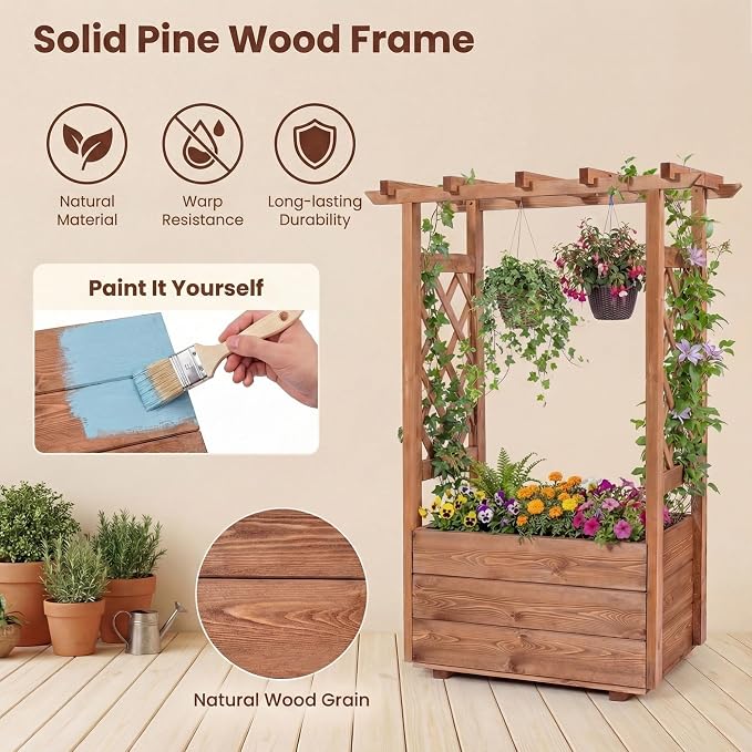 HAPPYGRILL Raised Garden Bed with Trellis, 31” x 16” x 41” Wood Elevated Planter Box with Roof, Freestanding Garden Planter for Climbing Plants Vines Flowers Herbs (1)