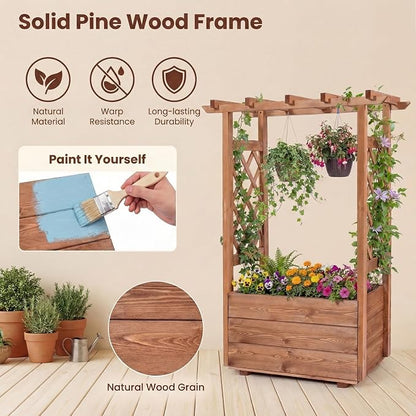 HAPPYGRILL Raised Garden Bed with Trellis, 31” x 16” x 41” Wood Elevated Planter Box with Roof, Freestanding Garden Planter for Climbing Plants Vines Flowers Herbs (1)