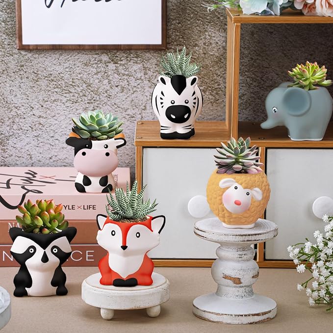 Beeveer 6 Sets Paint Your Own Animal Shaped Succulent Planter Spring Mini Unpainted Flower Pots Cartoon DIY Paintable Kit for Kids Classroom Craft Project Activity Birthday Gift
