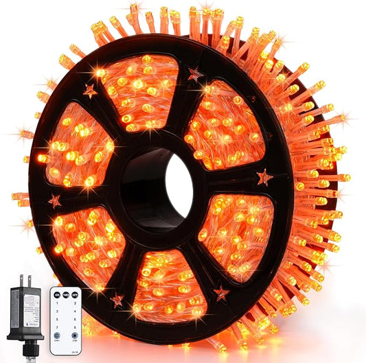 JMEXSUSS Orange String Lights for Halloween, 600 LED Fall Lights Outdoor | Orange Christmas Lights Plug in with Remote, Thanksgiving Day Lights Clear Wire for Indoor Room Yard Tree Fall Decor