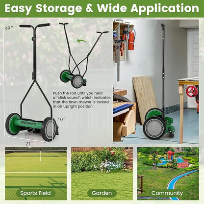 Goplus Manual Lawn Mower, 14 Inch 5-Blade Walk-Behind Cordless Grass Cutter with 7 Gallon Removable Grass Collect Bag, Adjustable Cutting Heights, Push Reel Lawn Mower for Yard, Garden