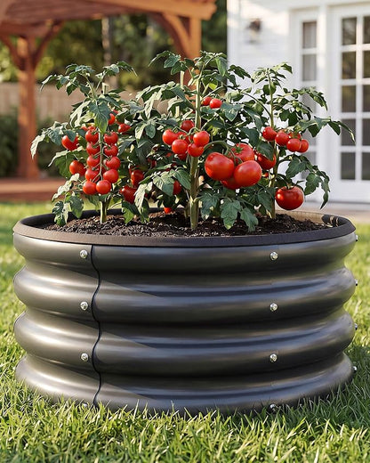 2 x 2 x 1 ft Round Raised Garden Bed, Black 1 Pack 0.6 mm Thick Galvanized Steel Planter Box with Double Layer Paint and Safety Edge Trim for Vegetables Flowers Herbs Outdoor Garden