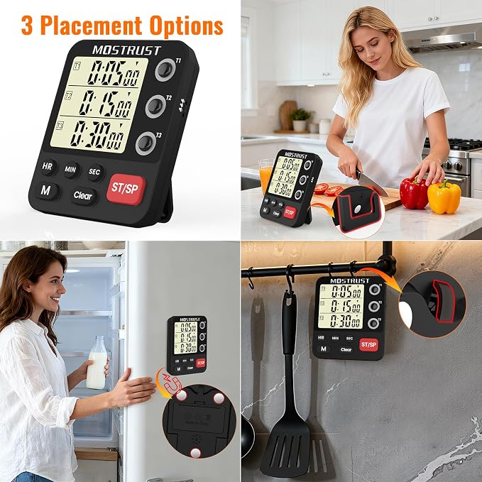 Digital Dual Kitchen Timer, 3 Channels Triple Countdown Timer for Cooking, Magnetic Memory-Preset Large Display Adjustable Volume, Multi Time Management, 3A Battery Included, Black