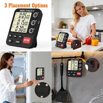 Digital Dual Kitchen Timer, 3 Channels Triple Countdown Timer for Cooking, Magnetic Memory-Preset Large Display Adjustable Volume, Multi Time Management, 3A Battery Included, Black