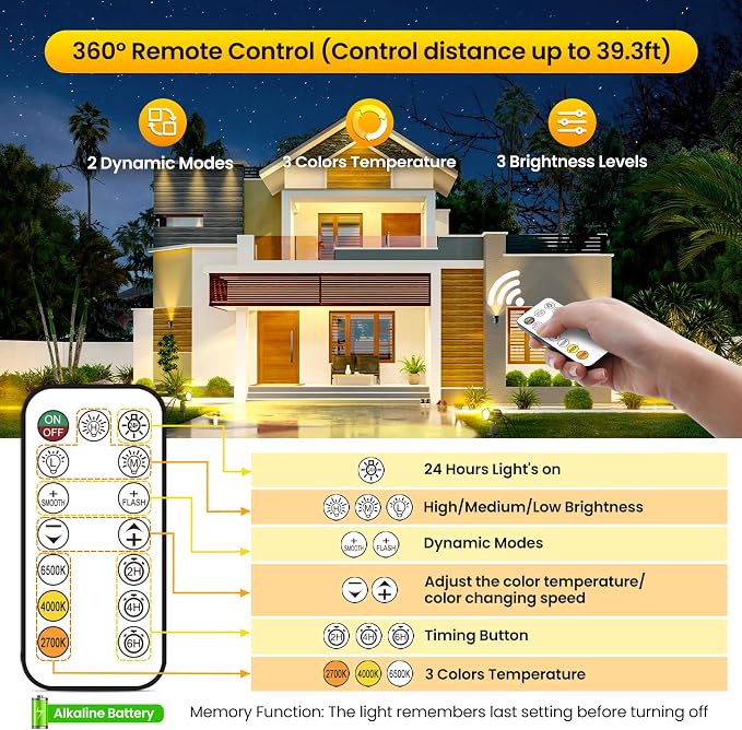 Outdoor Landscape Lighting, Landscape Spotights with Remote Control for Yard Dimmable IP66 Waterproof 2700-6500K Spot Lights Outdoor for Small Garden Patio with US Plug 8 Pack