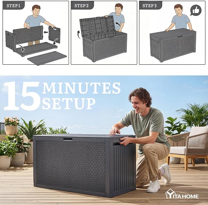 YITAHOME 95 Gallon Large Outdoor Deck Box | Lockable Waterproof Resin Storage Box with Handles, Weatherproof & UV Resistant, Patio Garden Tool Container for Outdoor