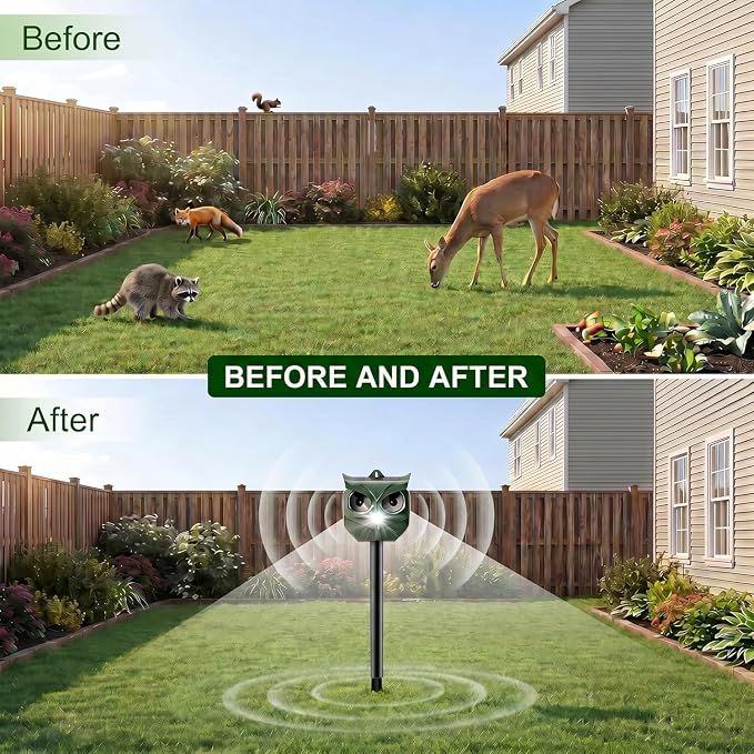 2 Pack Solar Ultrasonic Animal Repeller with Flashing LED Lights – Cat Deterrent Outdoor for Squirrels, Deer, Raccoons, Rabbits, Skunks, Dogs – Protects Garden, Yard, Lawn, Farm & Crops